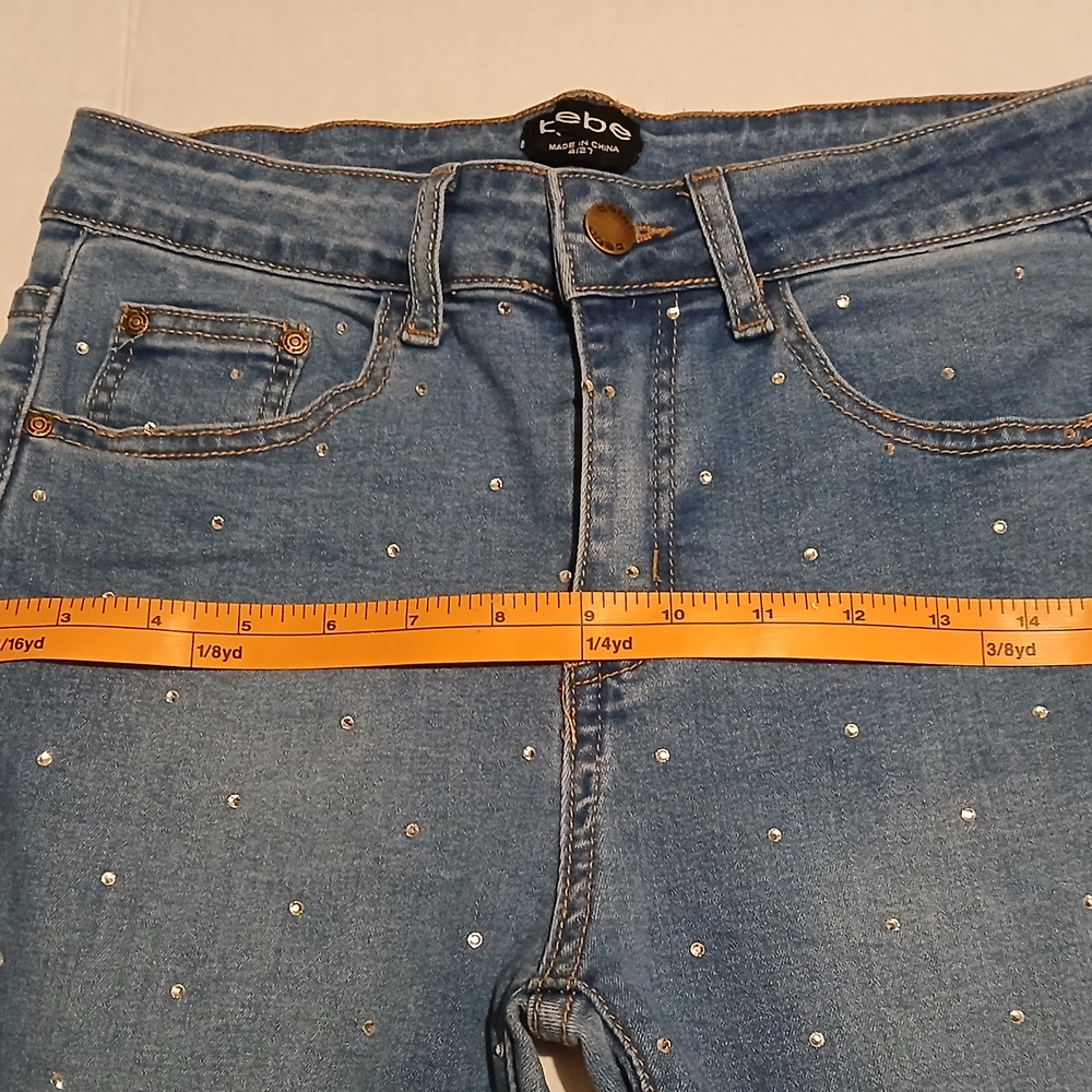Bebe Woman's Straight Leg Mid Rise Jeans Rhinestone Size 27 Blue Denim Jeans #5A - Picture 6 of 16